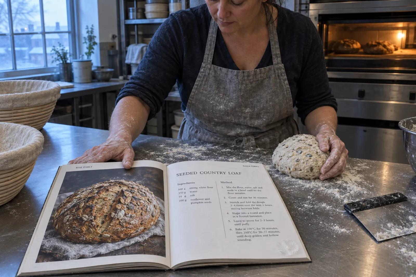 In a bakery kitchen at dawn, a baker holds open a large paperback cookbook, Rise Early by Nadia Ferro, on a floury steel bench; the left page is a photo of a seeded loaf and the right page has the Seeded Country Loaf recipe with ingredients and numbered steps