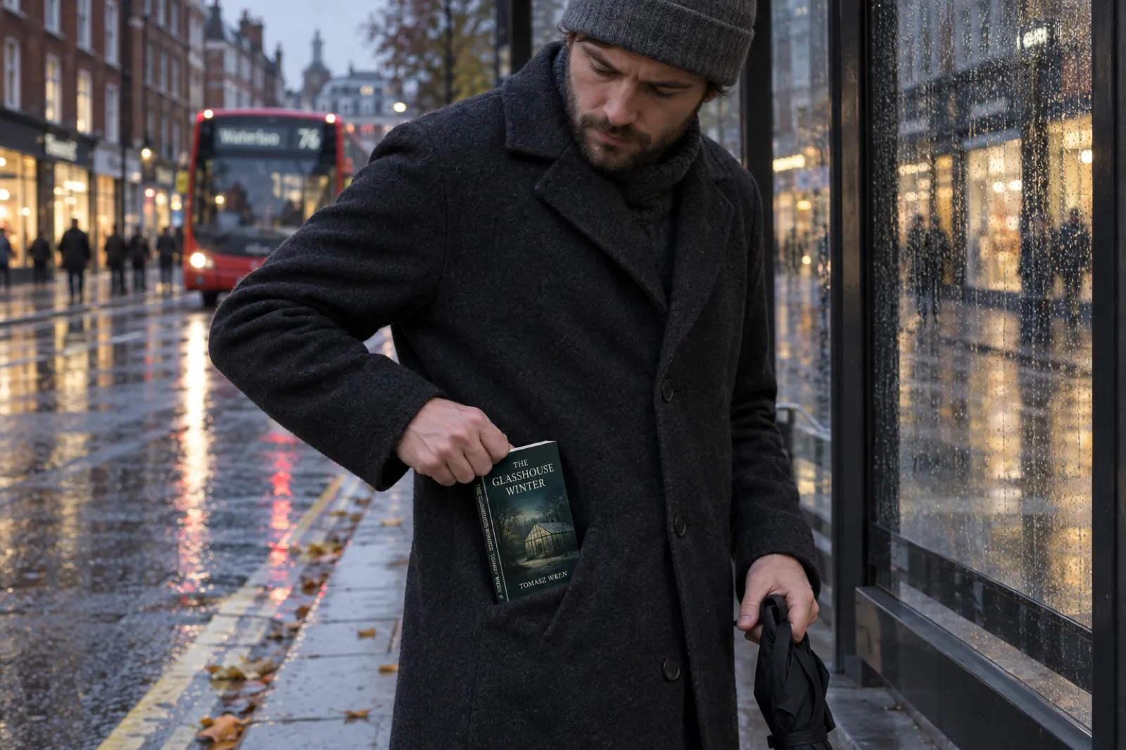 At a rainy city bus stop, a man in a dark wool overcoat pulls a small paperback of The Glasshouse Winter by Tomasz Wren from his coat pocket while a red bus approaches