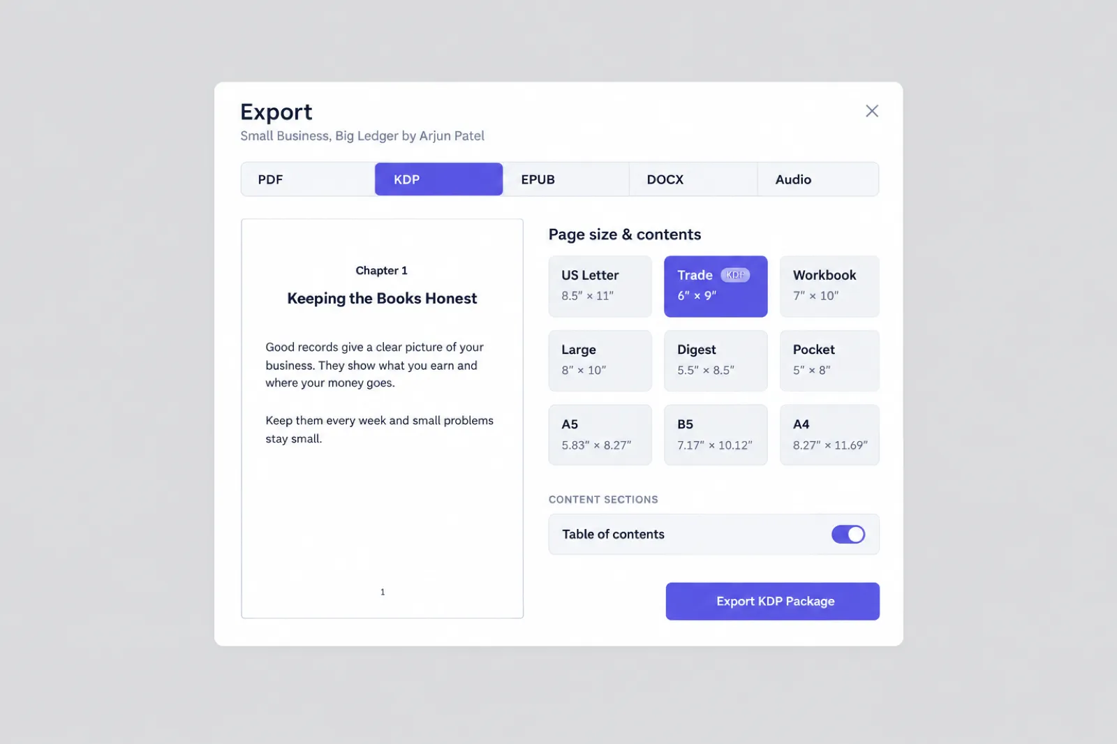 The Inkfluence AI Export window with the KDP tab selected and a Page size grid of nine buttons: US Letter, Trade 6 x 9 (selected, marked KDP), Workbook 7 x 10, Large 8 x 10, Digest 5.5 x 8.5, Pocket 5 x 8, A5, B5 and A4, beside a chapter page preview and an Export KDP Package button