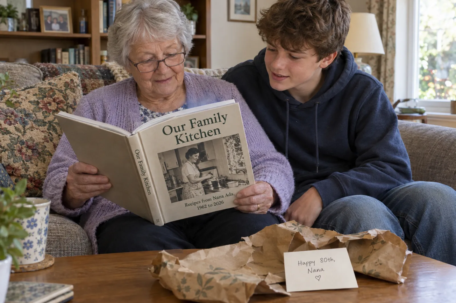 A grandmother on a sofa opens a single printed hardcover titled Our Family Kitchen, Recipes from Nana Ada, 1962 to 2026, while her grandson leans in, with wrapping paper and a Happy 80th, Nana card on the table