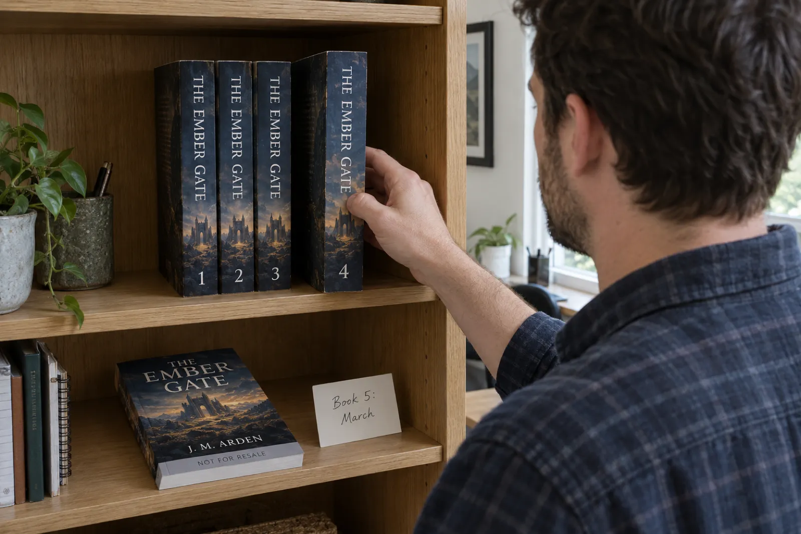 A man straightens book 4 of The Ember Gate beside books 1 to 3 on an oak shelf, with a Not for Resale proof copy by J. M. Arden and a card reading Book 5: March on the shelf below