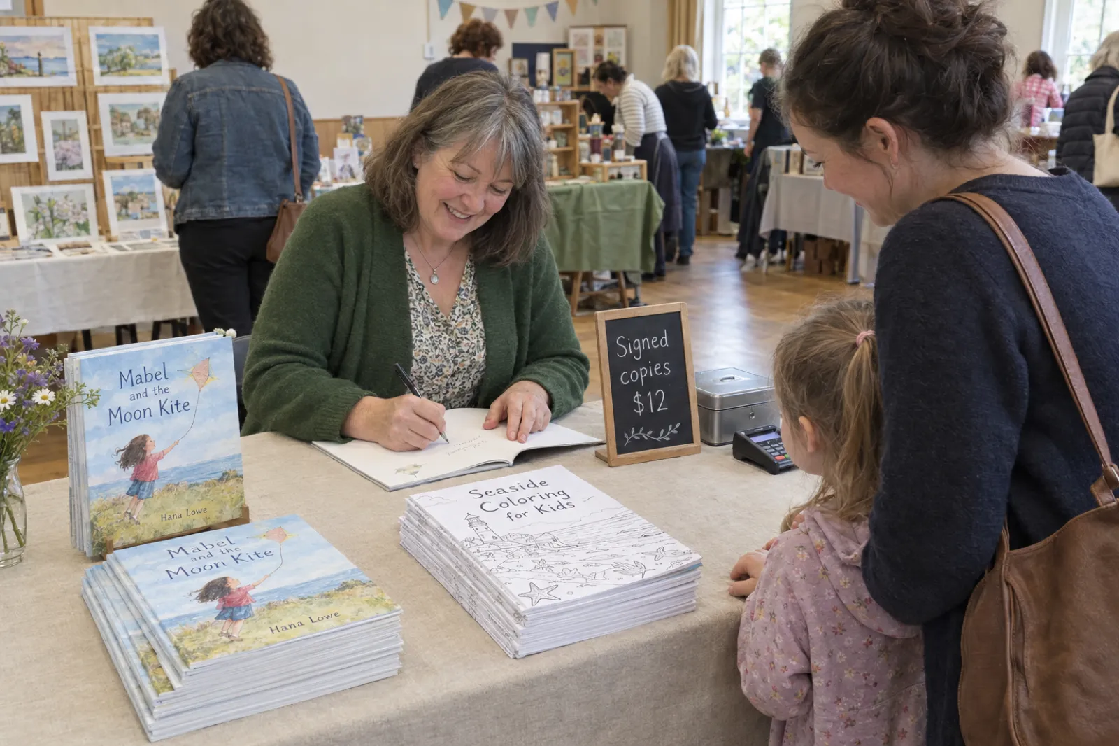 An author signs a copy of Mabel and the Moon Kite by Hana Lowe for a parent and child at a craft fair table with stacks of the picture book, a seaside coloring book, and a chalkboard sign reading Signed copies $12