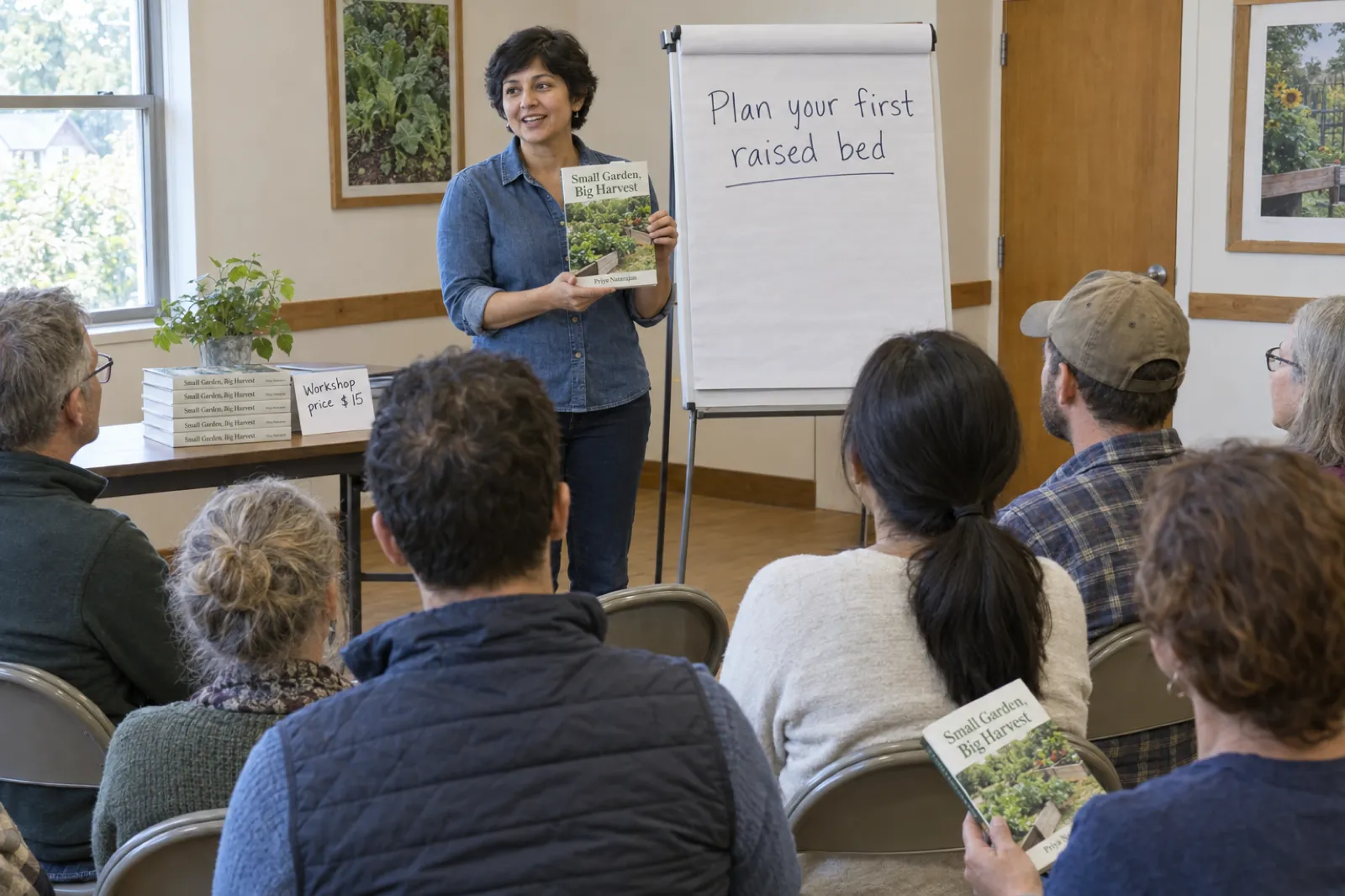 A garden consultant holds up her paperback Small Garden, Big Harvest by Priya Natarajan beside a flip chart reading Plan your first raised bed, with a stack of copies and a card reading Workshop price $15 on a table and attendees seated