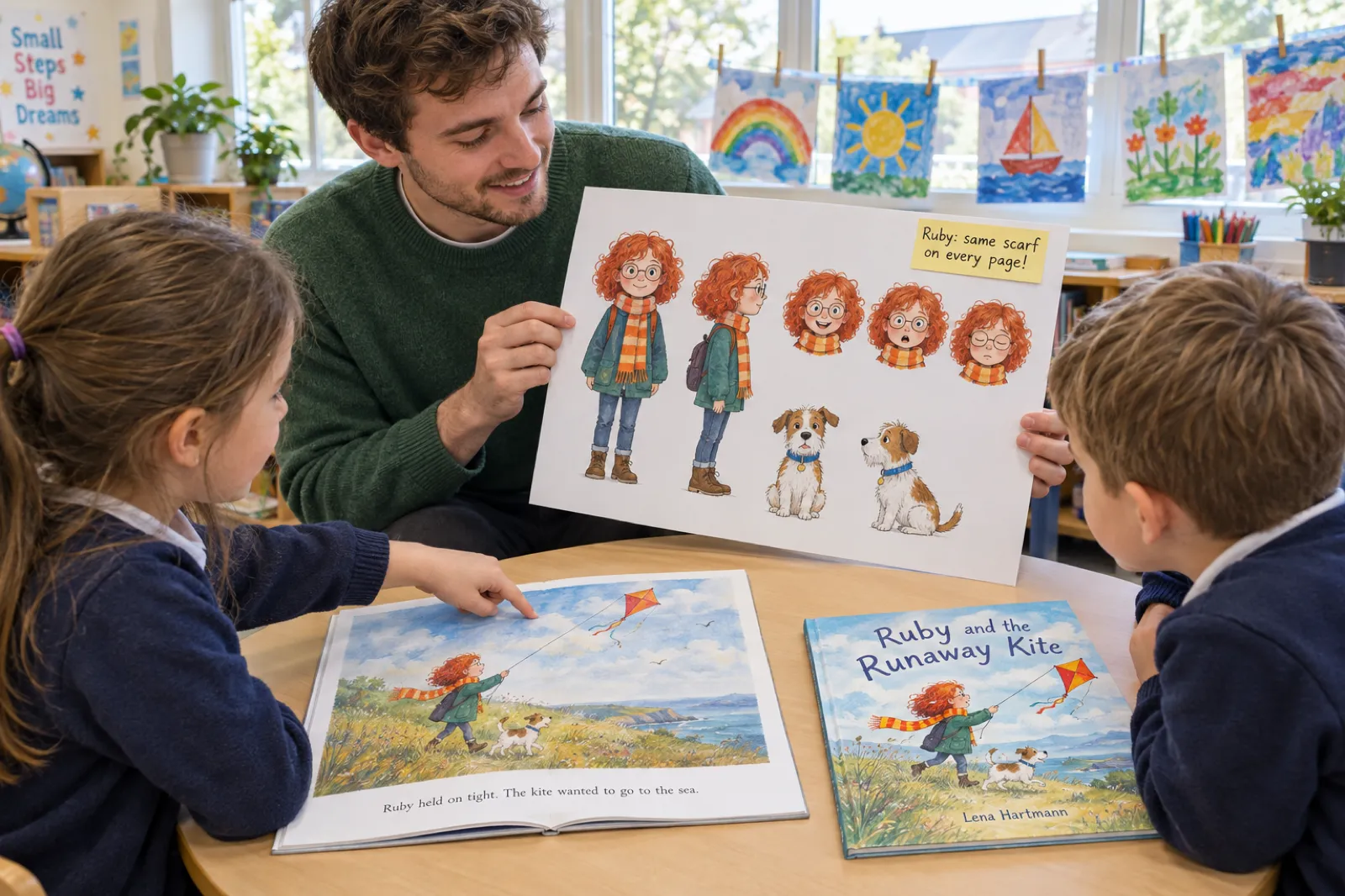 A teacher kneeling at a classroom table holds up a printed character sheet showing a red-haired girl with round glasses and a striped orange scarf in front view, side view and three expressions, with a sticky note reading Ruby: same scarf on every page!, while children compare it with an open copy of Ruby and the Runaway Kite by Lena Hartmann showing the same girl flying a kite