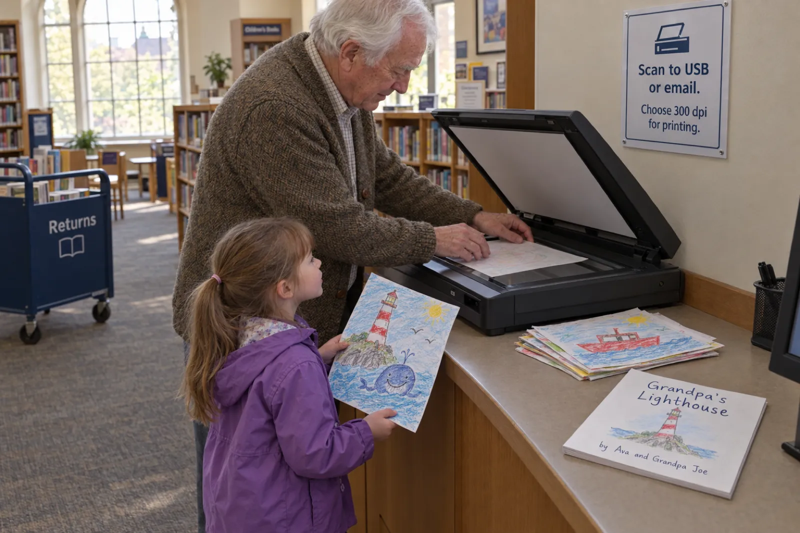 A grandfather in a tweed cardigan scans his granddaughter's crayon drawing of a lighthouse and a smiling whale on a public library flatbed scanner, under a sign reading Scan to USB or email. Choose 300 dpi for printing, with a draft book titled Grandpa's Lighthouse by Ava and Grandpa Joe on the counter