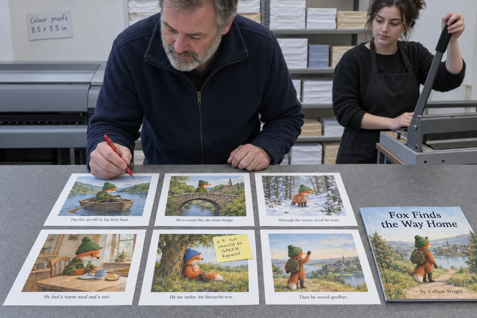 At a print shop counter, a bearded man with a red pen checks six square test pages of a picture book in which a fox wears a green woollen hat, and has stuck a note reading p.9: hat should be GREEN. Repaint. on the one page where the hat came out blue, next to a cover reading Fox Finds the Way Home by Callum Wright
