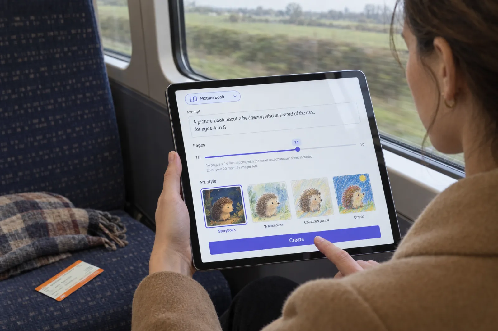 A commuter on a train holds a tablet showing the Inkfluence start screen with Picture book selected, the prompt A picture book about a hedgehog who is scared of the dark, for ages 4 to 8, a Pages slider at 14, the line 14 pages = 14 illustrations, with the cover and character sheet included. 20 of your 20 monthly images left, and an Art style row of Storybook, Watercolour, Coloured pencil and Crayon tiles