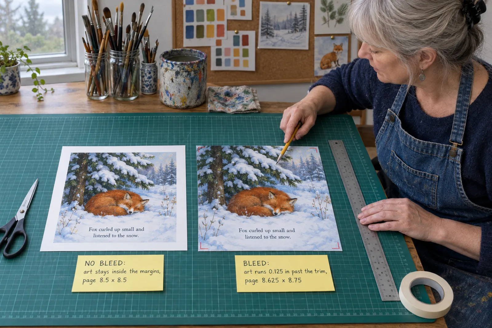 An illustrator at a green cutting mat compares two square prints of a fox asleep under a snowy pine: one framed by a white border with a sticky note reading NO BLEED: art stays inside the margins, page 8.5 x 8.5, and one running off every edge with red crop marks and a note reading BLEED: art runs 0.125 in past the trim, page 8.625 x 8.75