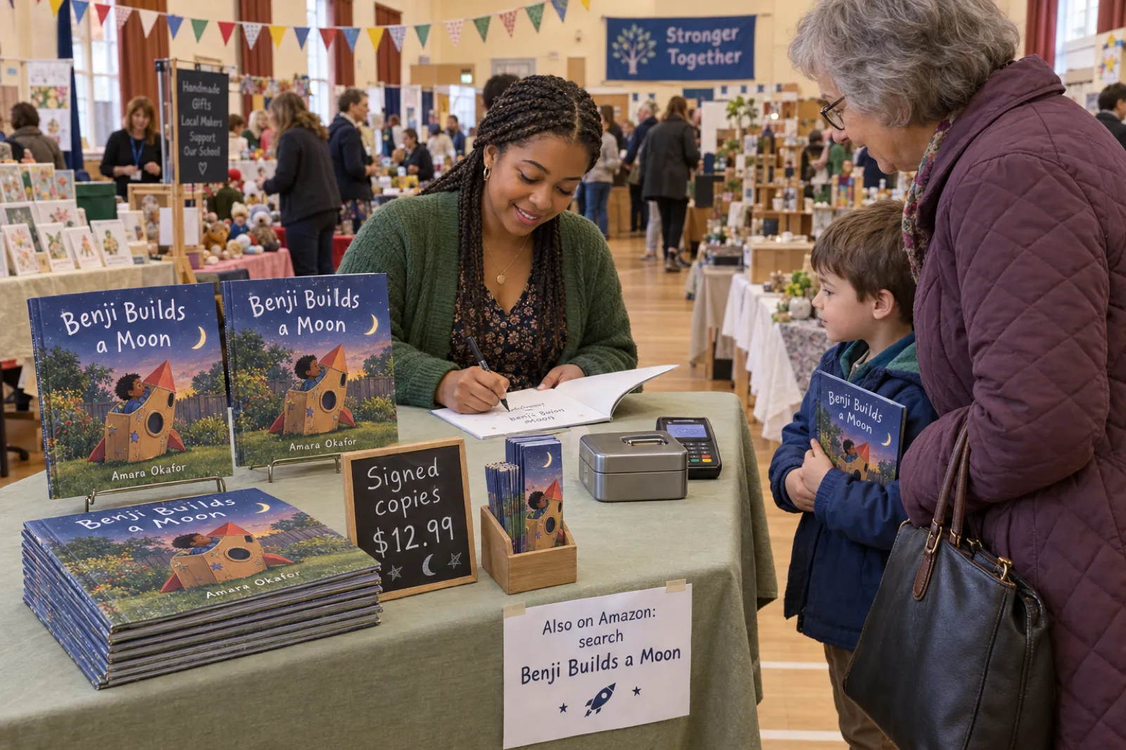 An author signs a copy of her square picture book Benji Builds a Moon by Amara Okafor at a school craft fair stall, with a chalkboard sign reading Signed copies $12.99 and a note reading Also on Amazon: search Benji Builds a Moon, while a grandmother and a small boy holding a copy wait