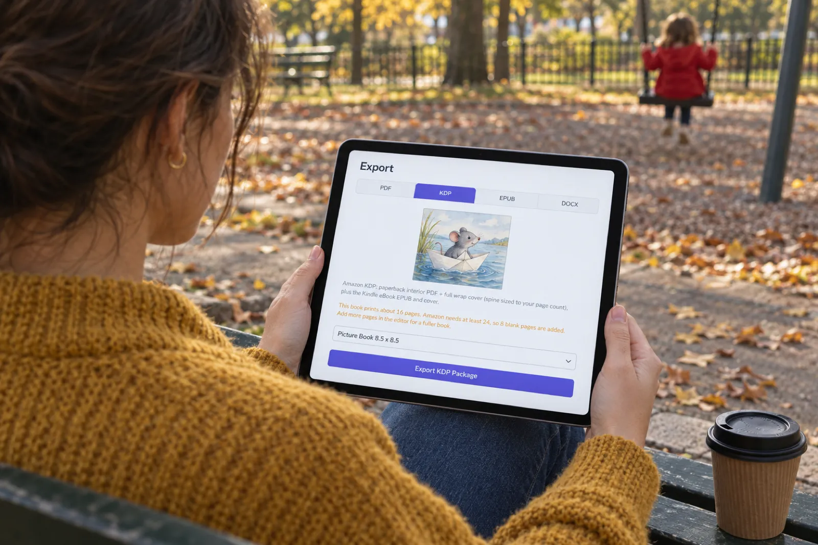 A parent on a playground bench holds a tablet showing the Inkfluence Export window with the KDP tab selected, a picture-book page preview of a mouse in a paper boat, an amber note reading This book prints about 16 pages. Amazon needs at least 24, so 8 blank pages are added, and an Export KDP Package button