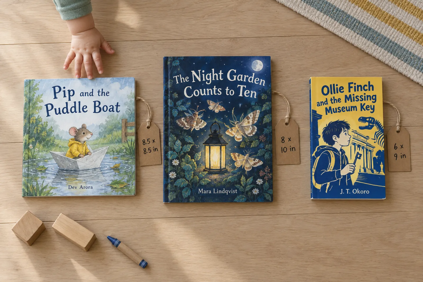 Three children's paperbacks on a playroom floor with string tags: Pip and the Puddle Boat by Dev Arora at 8.5 x 8.5 inches, The Night Garden Counts to Ten by Mara Lindqvist at 8 x 10 inches, and Ollie Finch and the Missing Museum Key by J. T. Okoro at 6 x 9 inches, with a toddler's hand reaching for the square book