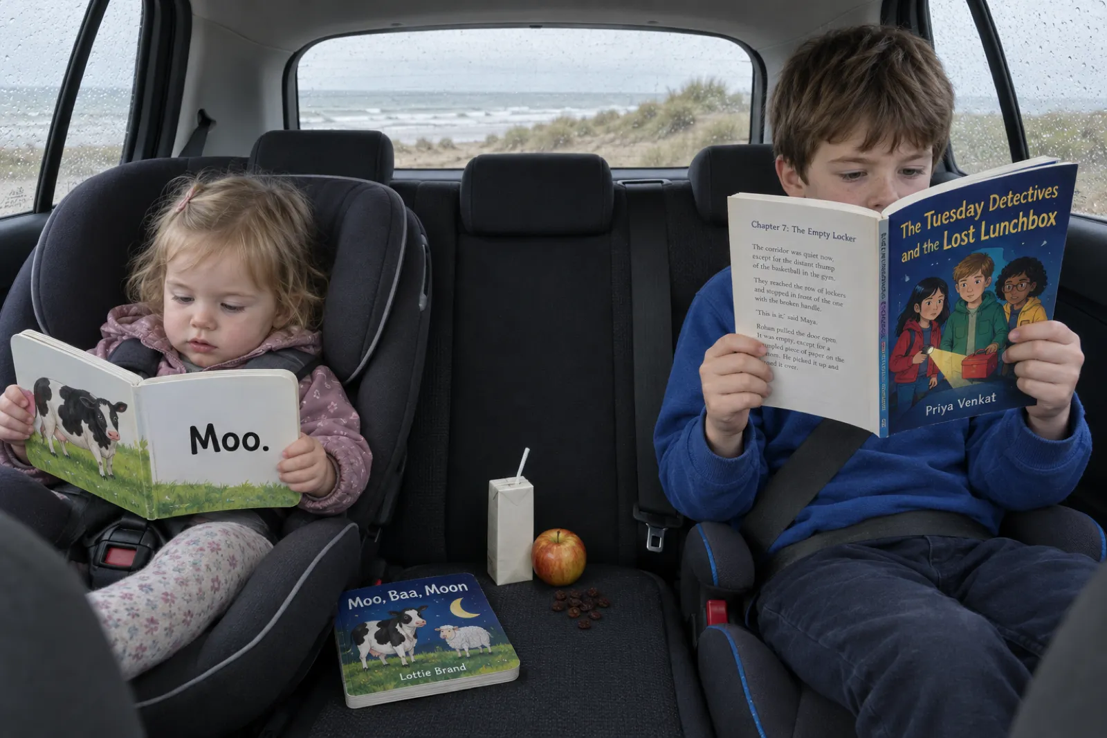View from the front passenger seat into the back of a family car parked by a beach on a drizzly day: a toddler in a rear-facing car seat holds open a chunky board book at a page with a painted cow and the single word Moo., its cover Moo, Baa, Moon by Lottie Brand on the seat, while her eight-year-old brother in a booster seat reads the chapter book The Tuesday Detectives and the Lost Lunchbox by Priya Venkat, open at Chapter 7: The Empty Locker