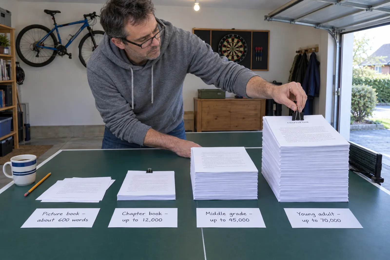 In a garage with a bike on the wall, a writer in a grey hoodie clips a binder clip onto the tallest of four printed manuscript stacks lined up on a ping-pong table, each with a handwritten index card: Picture book about 600 words, a few sheets; Chapter book up to 12,000, a slim stack; Middle grade up to 45,000, a thick stack; Young adult up to 70,000, the thickest stack