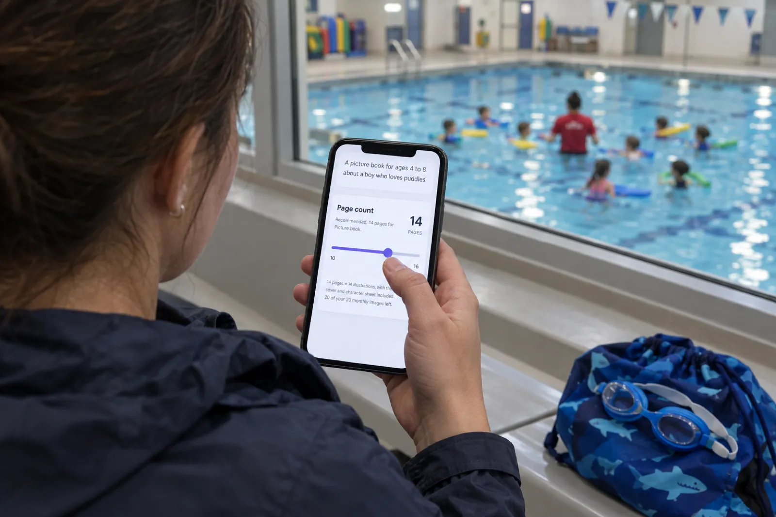 A mother in a swimming pool viewing gallery, children's swimming lesson blurred through the glass behind her, holds a phone showing a book app's start screen with a Page count panel reading Recommended: 14 pages for Picture book, a large 14 with PAGES beside it, a slider from 10 to 16, and the line 14 pages = 14 illustrations, with the cover and character sheet included. 20 of your 20 monthly images left.