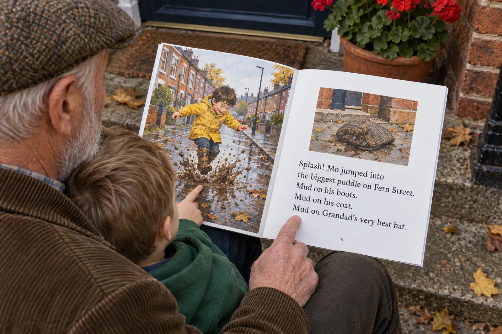 A grandfather on the front steps of a brick terraced house reads aloud to his grandson from an open picture book: the left page paints a boy in a yellow raincoat jumping into a puddle, and the right page prints Splash! Mo jumped into the biggest puddle on Fern Street. Mud on his boots. Mud on his coat. Mud on Grandad's very best hat.
