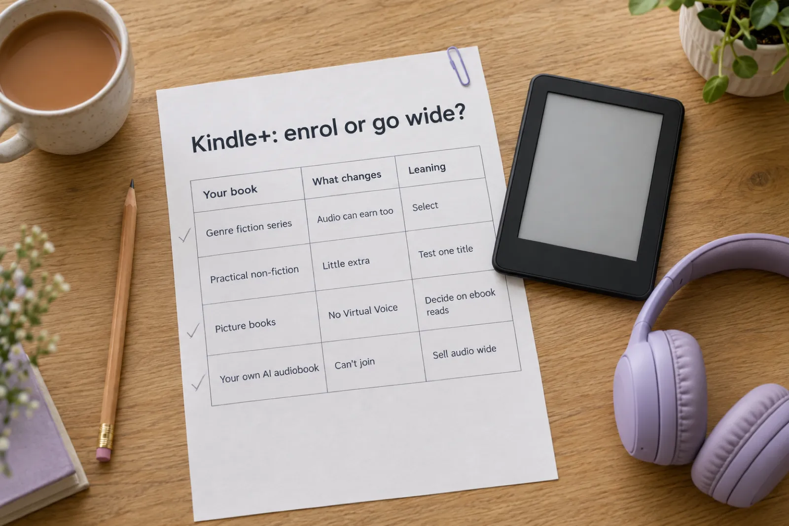 A printed worksheet titled Kindle+: enrol or go wide, with rows for genre fiction series, practical non-fiction, picture books and your own AI audiobook