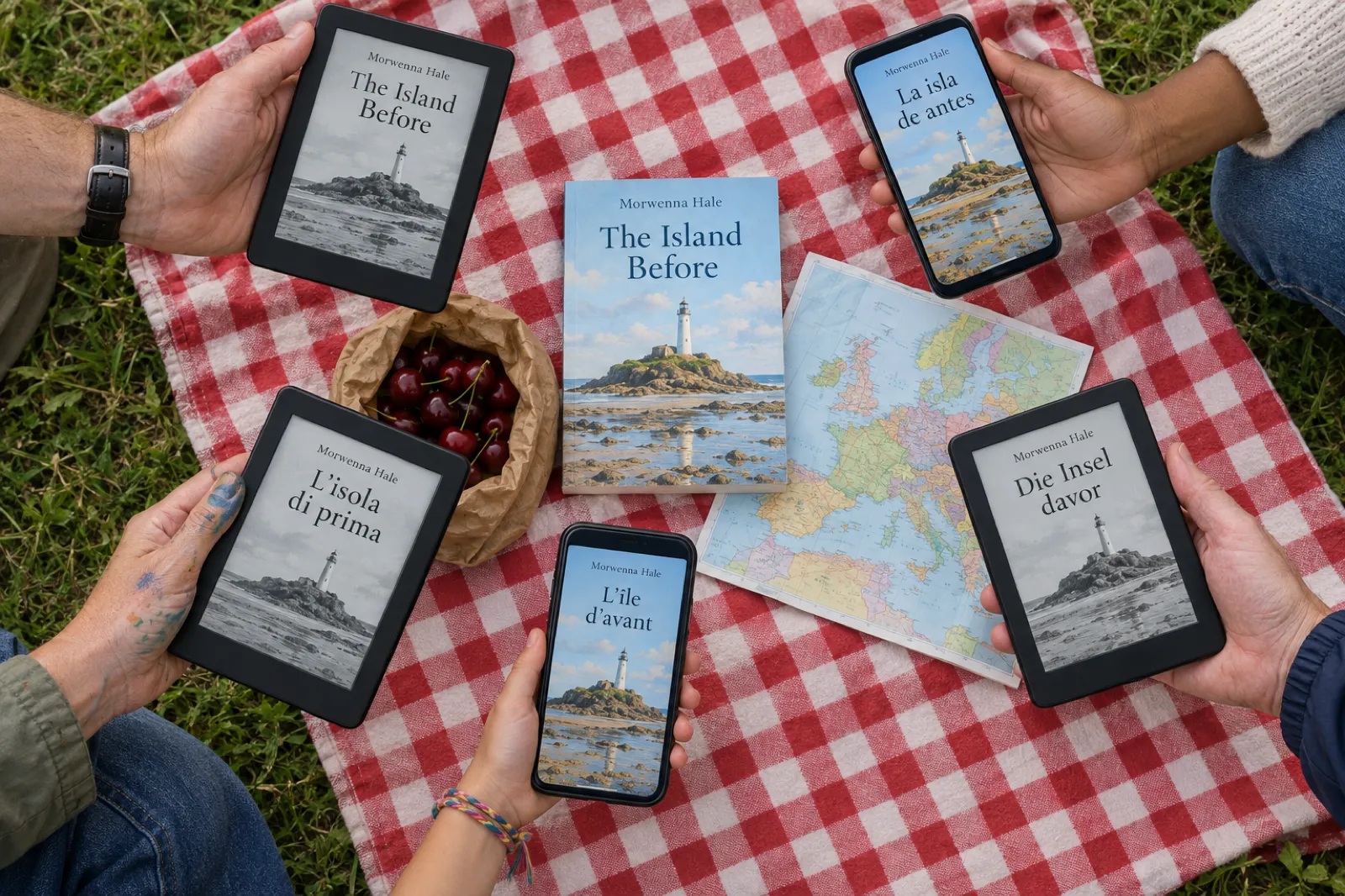 Overhead view of a red and white checked picnic blanket in a park where five people hold three e-readers and two phones, each showing the cover of the same book by Morwenna Hale under a different title: The Island Before, La isla de antes, L'isola di prima, Die Insel davor and L'ile d'avant, around a paperback, a bag of cherries and a folded map of Europe