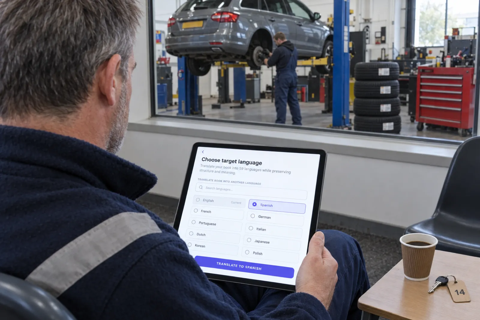 In the waiting area of a tyre garage, a man in a work fleece holds a tablet showing the Inkfluence AI window Choose target language with a search box and a grid of languages, Spanish selected, and the button Translate to Spanish, while his car is up on a lift behind the glass