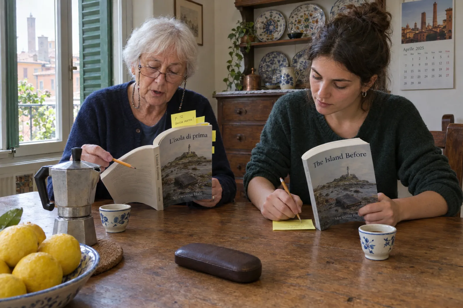 At a kitchen table in Bologna, a grandmother reads aloud from the Italian proof of L'isola di prima by Morwenna Hale and points at a line with a pencil, while her granddaughter follows in the English edition, The Island Before, and writes a note; a yellow sticky note in the proof reads p. 12 bassa marea?