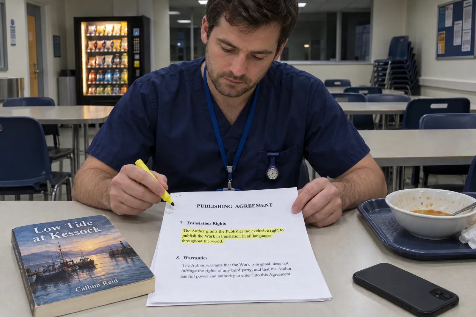 In a hospital staff canteen at night, a nurse in navy scrubs highlights clause 7, Translation Rights, of a printed publishing agreement that reads The Author grants the Publisher the exclusive right to publish the Work in translation in all languages throughout the world, next to his paperback Low Tide at Kessock by Callum Reid