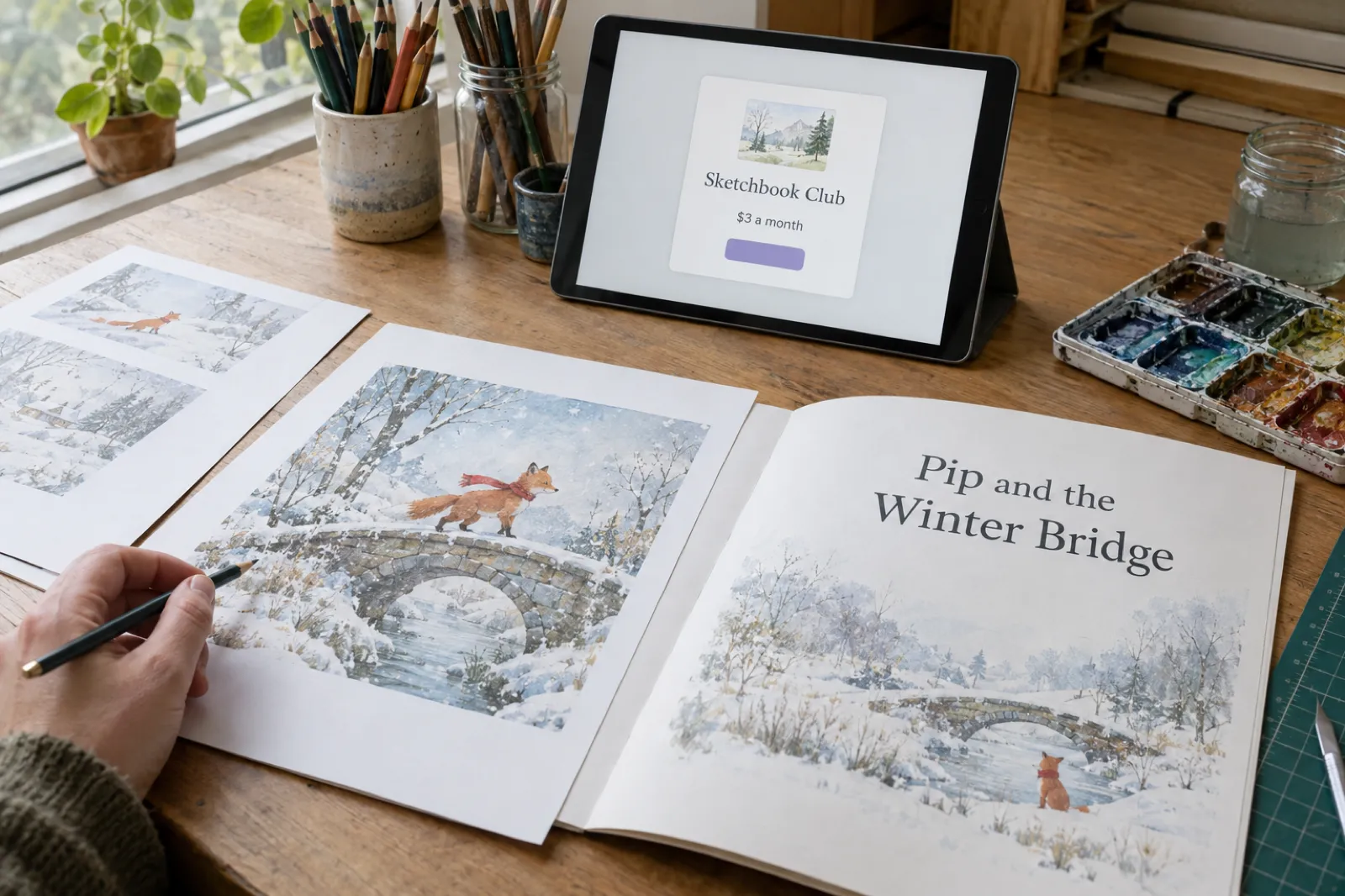 An illustrator's table with printed picture book pages titled Pip and the Winter Bridge, and a tablet showing a Sketchbook Club membership at $3 a month
