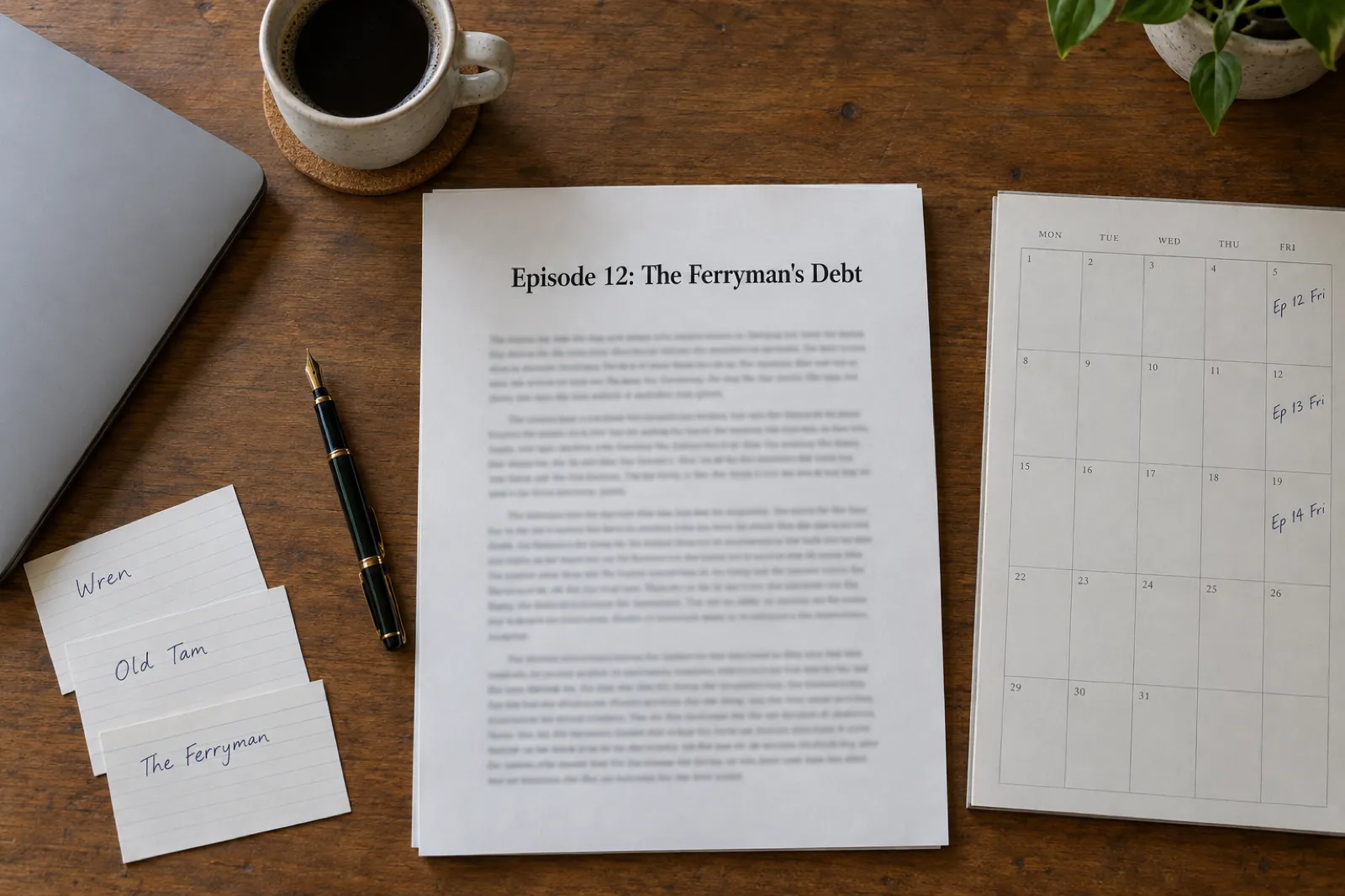 A writer's desk with a printed page headed Episode 12: The Ferryman's Debt, a planner with episodes scheduled each Friday and character index cards
