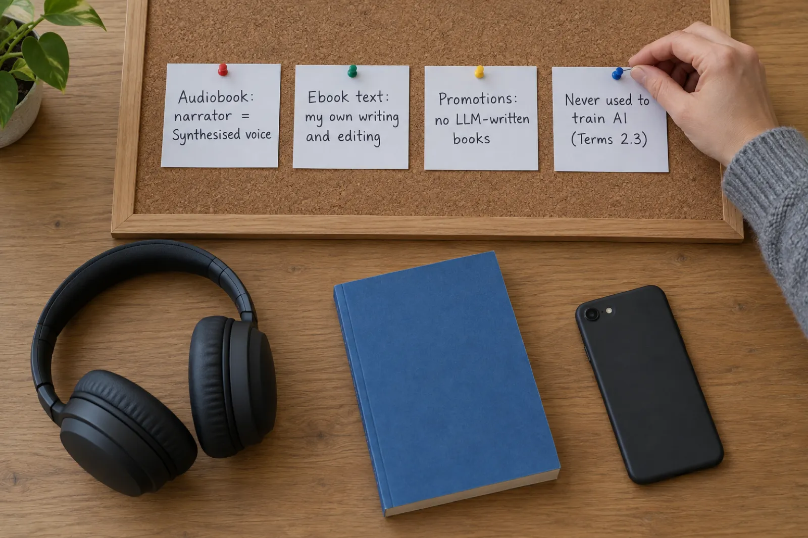 Four handwritten index cards on a cork board reading Audiobook: narrator = Synthesised voice; Ebook text: my own writing and editing; Promotions: no LLM-written books; Never used to train AI (Terms 2.3)
