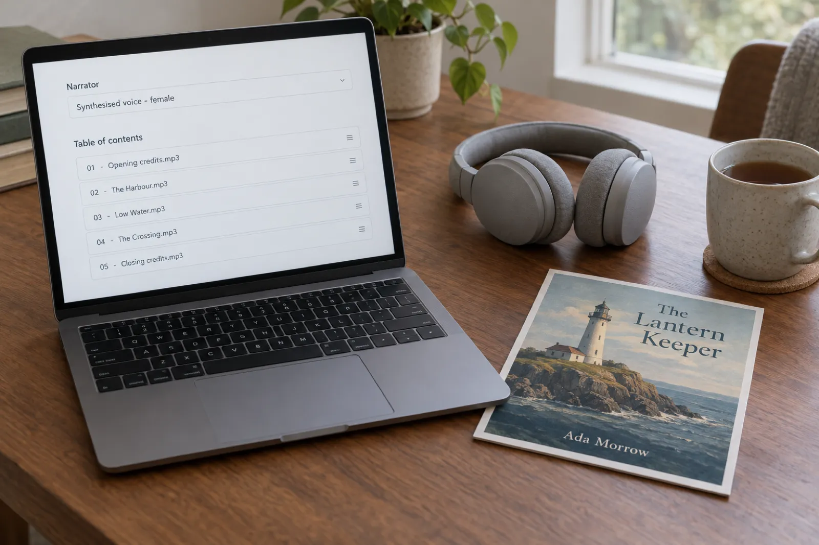 A laptop showing an audiobook upload form with the narrator set to Synthesised voice - female and a table of contents of five chapter MP3 files, beside grey headphones and a square cover proof for The Lantern Keeper by Ada Morrow