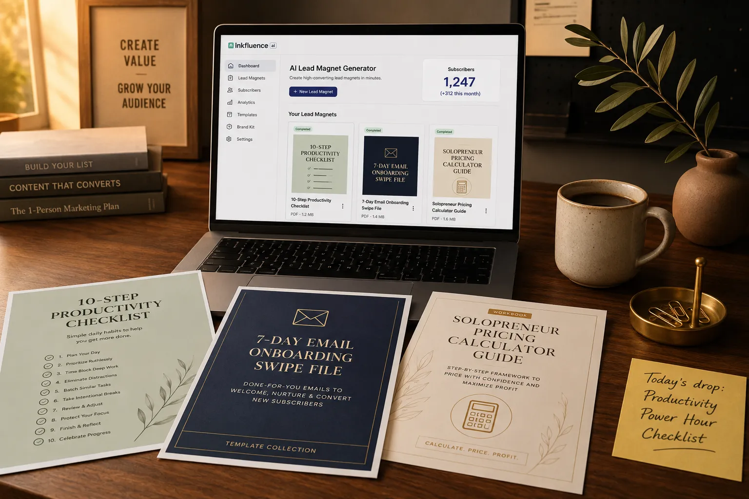 A modern marketer's workshop desk at golden hour. A laptop on a clean walnut desk shows the Inkfluence AI Lead Magnet Generator dashboard with three completed lead magnets visible as document tiles: a 10-Step Productivity Checklist, a 7-Day Email Onboarding Swipe File, and a Solopreneur Pricing Calculator Guide. A subscriber counter shows 1,247 subscribers, +312 this month. Beside the laptop: three printed lead magnet PDFs spread on the desk (a sage-green checklist with handwritten productivity steps, a navy blue swipe file cover, and a warm-cream workbook with a calculator icon), a yellow sticky note saying Today's drop: Productivity Power Hour Checklist, a stoneware coffee mug, a brass paperclip holder, and a single olive branch in a clay vase. Books in the background titled Build Your List, Content That Converts, and The 1-Person Marketing Plan.