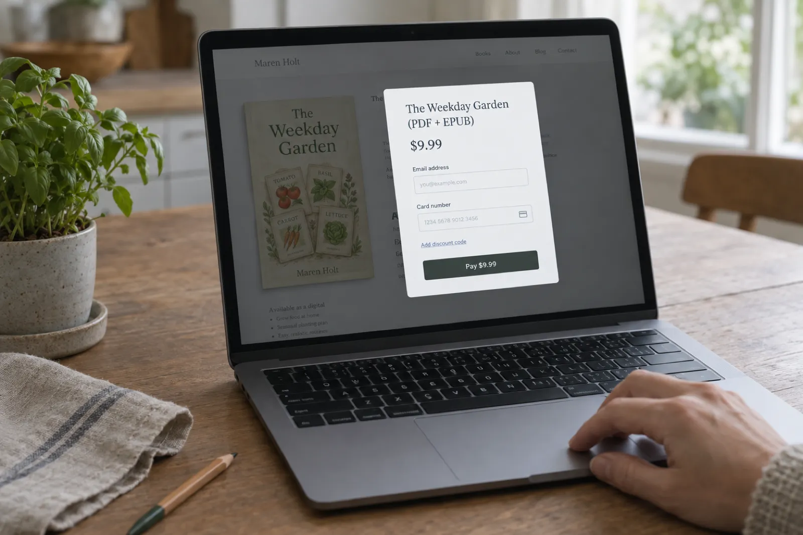 A laptop on a kitchen table showing an author website for an ebook titled The Weekday Garden by Maren Holt, with a pop-up checkout panel over the page reading The Weekday Garden (PDF + EPUB), $9.99, an email field, a card number field, an Add discount code link and a Pay $9.99 button