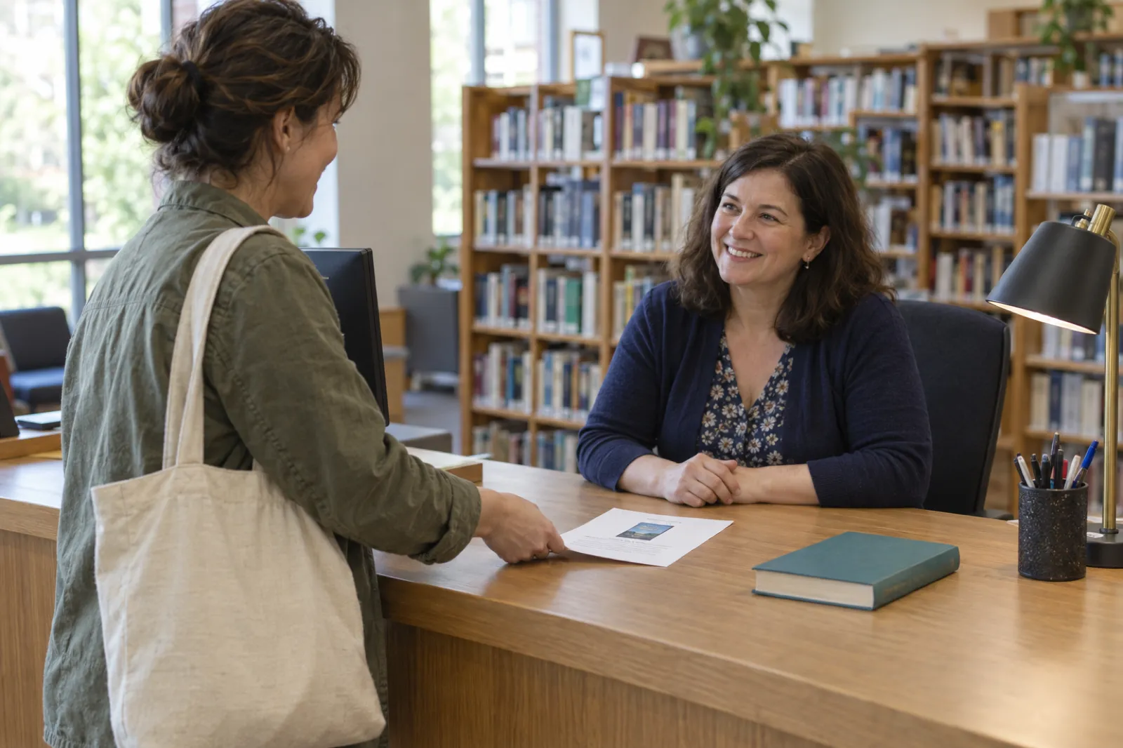 An author at a library information desk sliding a single printed sheet with a book cover thumbnail across the counter to a smiling librarian, with a teal paperback on the counter and shelves behind