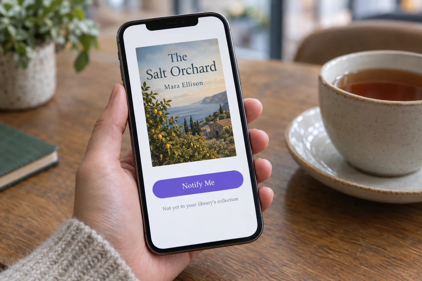 A hand holding a phone over a cafe table, showing a library app book page for an invented novel called The Salt Orchard by Mara Ellison with a violet Notify Me button and the note not yet in your library's collection