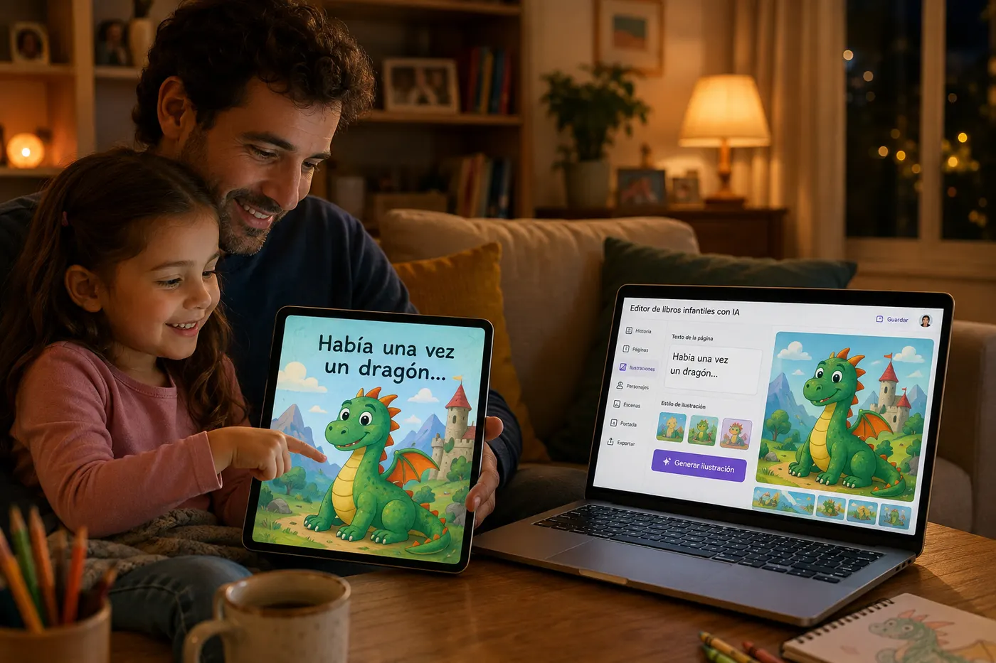 Un padre y su hija leen en la tablet un cuento infantil creado con IA que empieza con Había una vez un dragón, junto al portátil con el editor de libros infantiles en español