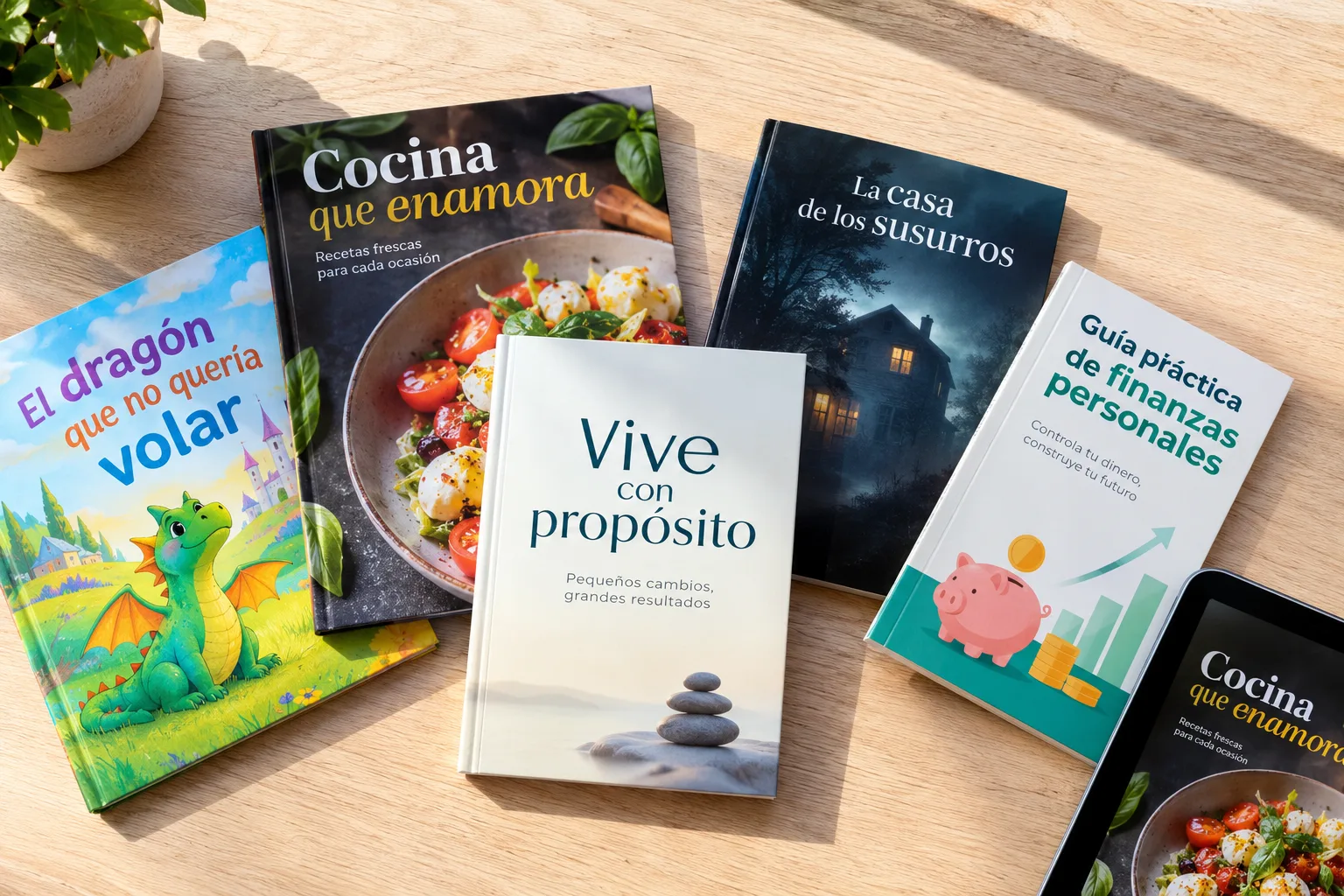 Cinco libros impresos de géneros distintos creados con IA extendidos sobre una mesa de madera clara: un cuento infantil, un recetario, un libro de autoayuda, una novela y una guía, con una tablet mostrando una de las portadas como ebook