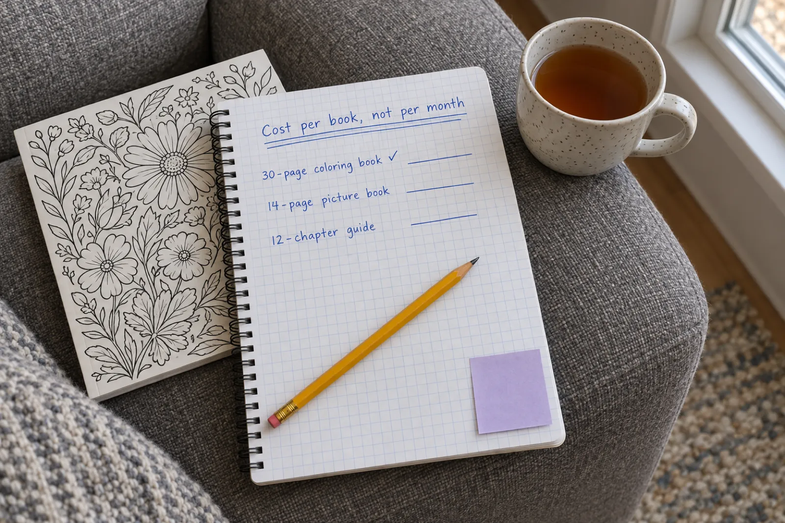 A grid-paper notebook on a sofa arm with a handwritten heading reading Cost per book, not per month, and three lines reading 30-page coloring book, 14-page picture book and 12-chapter guide, beside a yellow pencil, a mug of tea and a printed floral coloring book