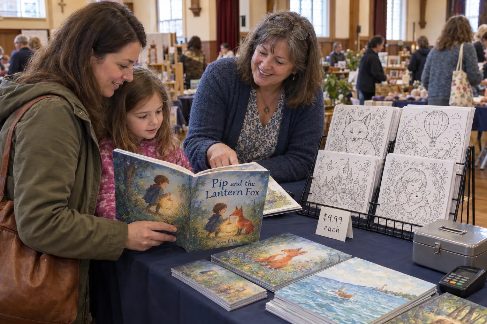 At a church-hall craft fair, a seller in a cardigan shows a mother and young daughter a picture book titled Pip and the Lantern Fox by Nora Ellis, with coloring books in a wire rack, picture books laid flat and a handwritten card reading 9.99 dollars each on a navy-covered table