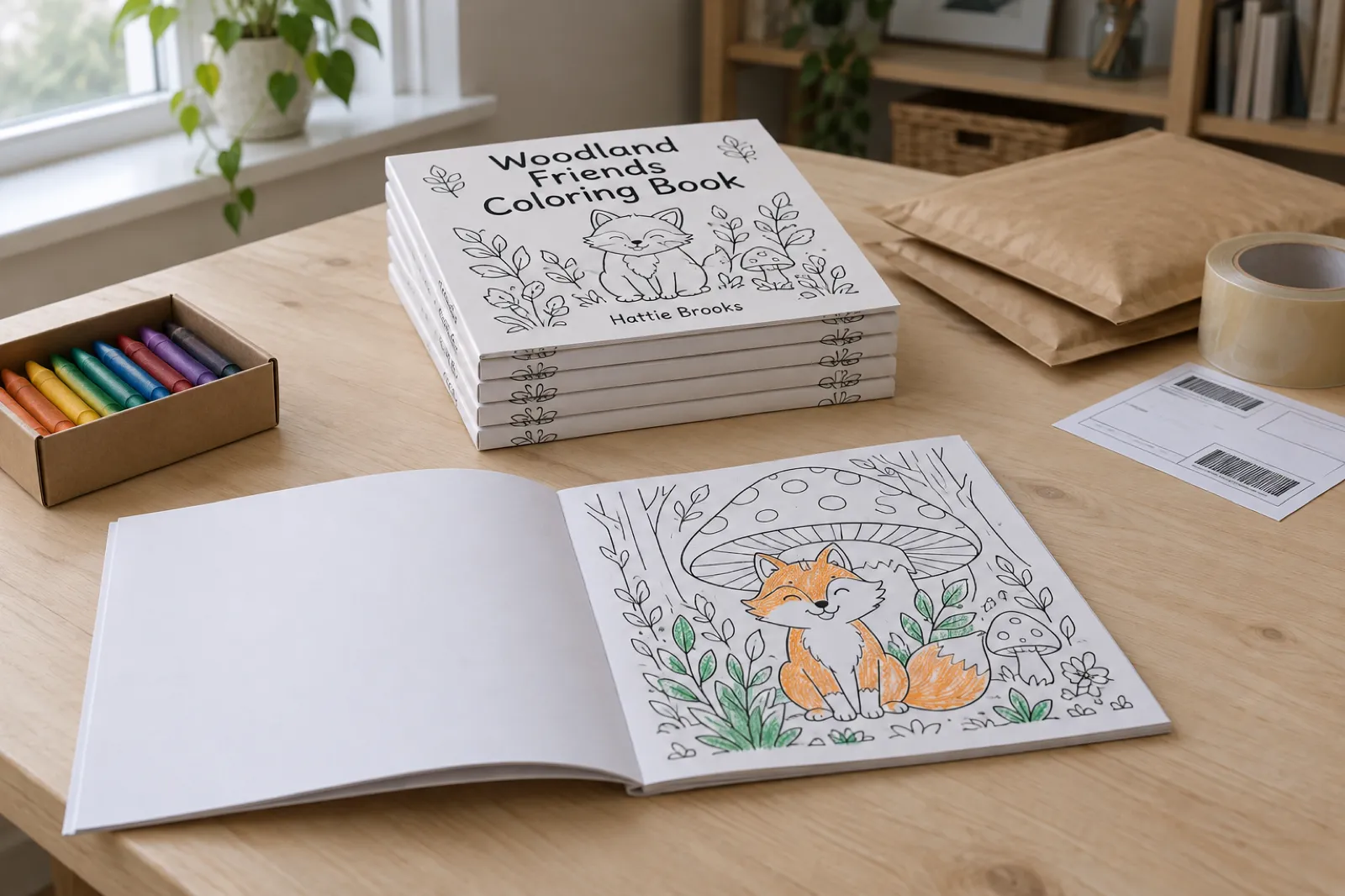 A stack of printed square paperbacks titled Woodland Friends Coloring Book by Hattie Brooks beside one open copy whose fox page is partly coloured in crayon, with a crayon box and kraft mailer envelopes on a pale wooden worktable