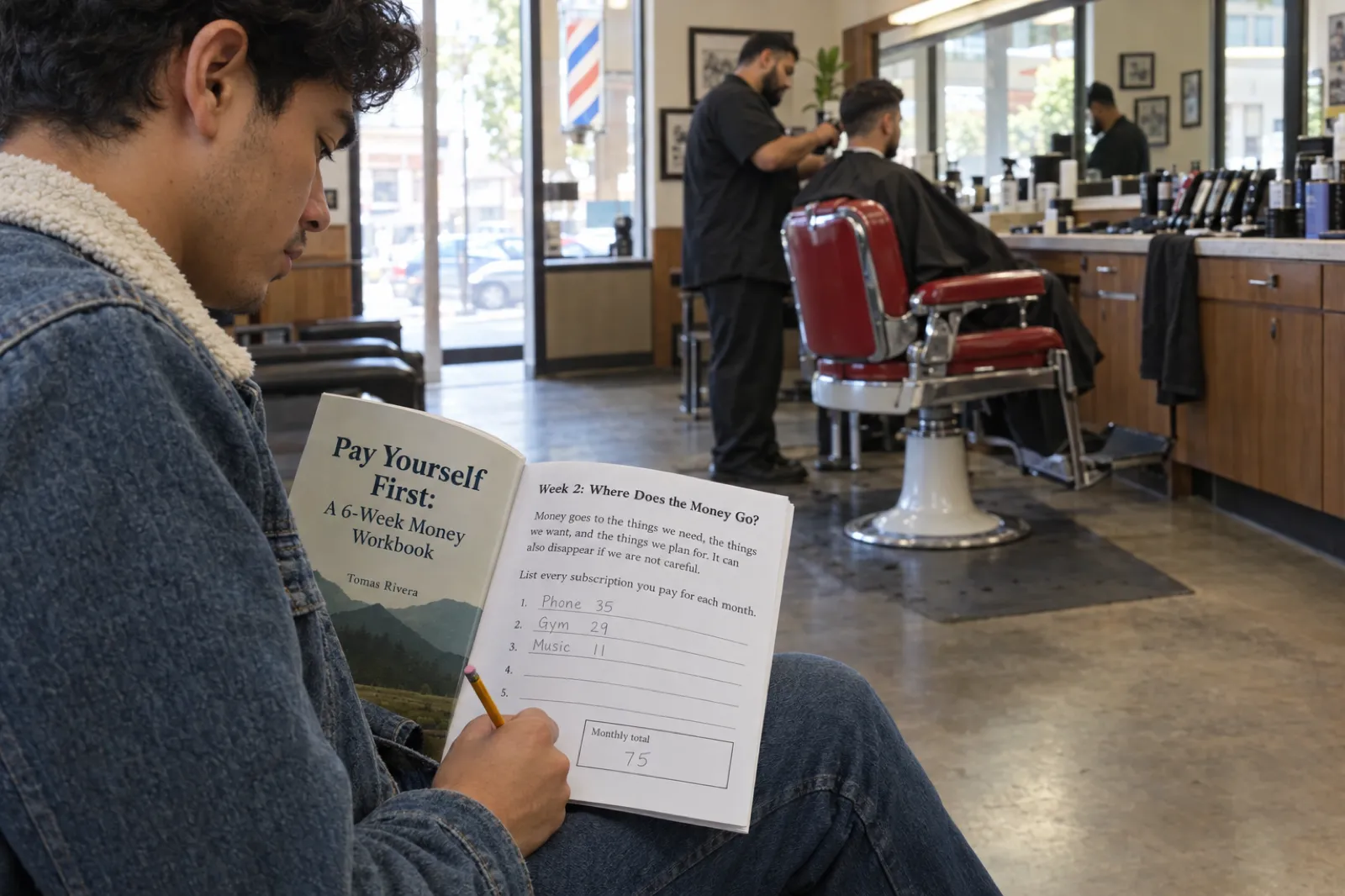 In a neighbourhood barbershop, a young man on the waiting bench writes in Pay Yourself First: A 6-Week Money Workbook by Tomas Rivera, open at Week 2: Where Does the Money Go?, with a short printed paragraph, ruled answer lines filled in with subscriptions and a Monthly total write-in box