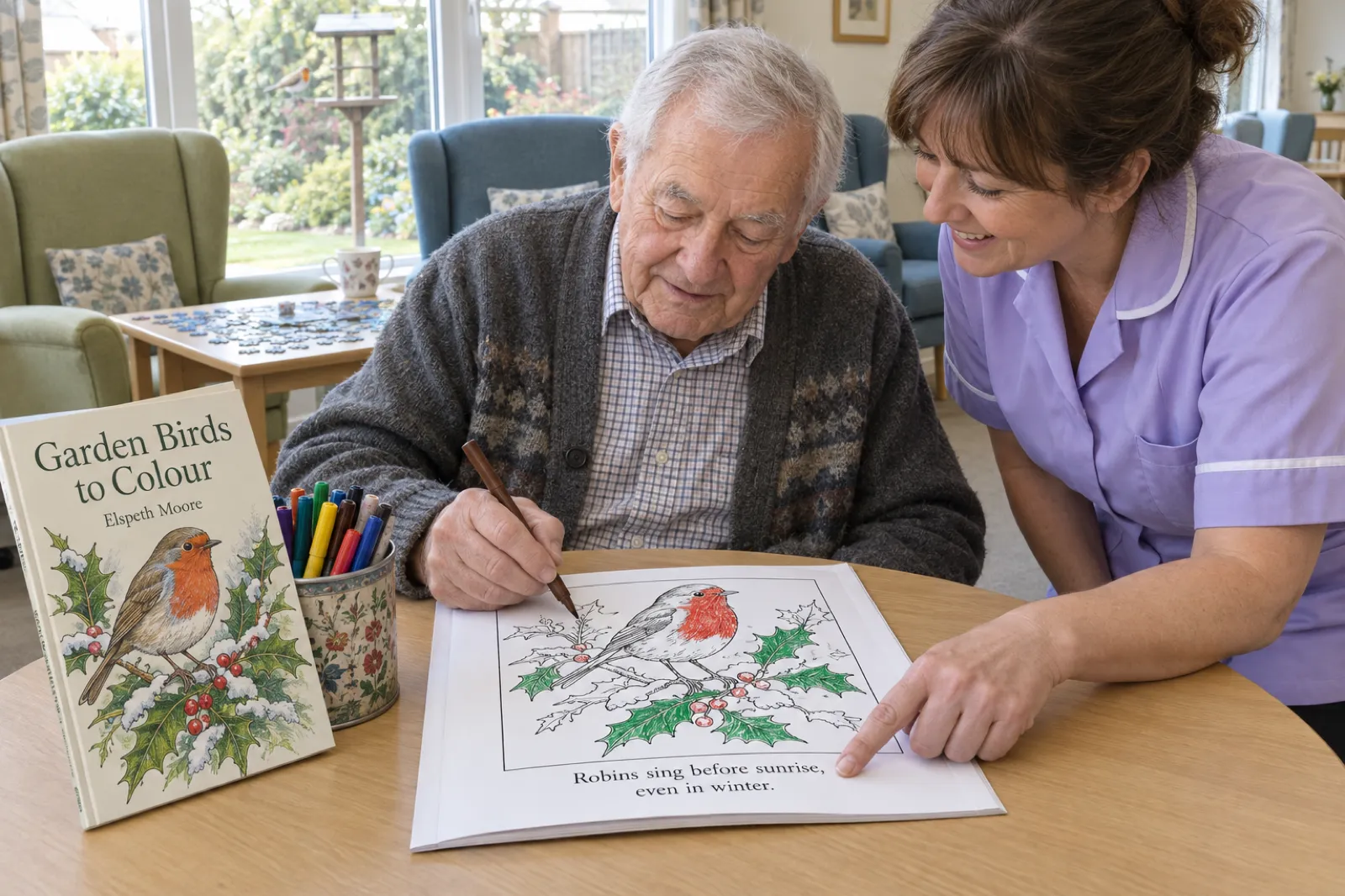 In a care home activity lounge, an elderly man colours a robin on a holly branch from Garden Birds to Colour by Elspeth Moore, with the printed line Robins sing before sunrise, even in winter under the drawing, while a care worker points at the words