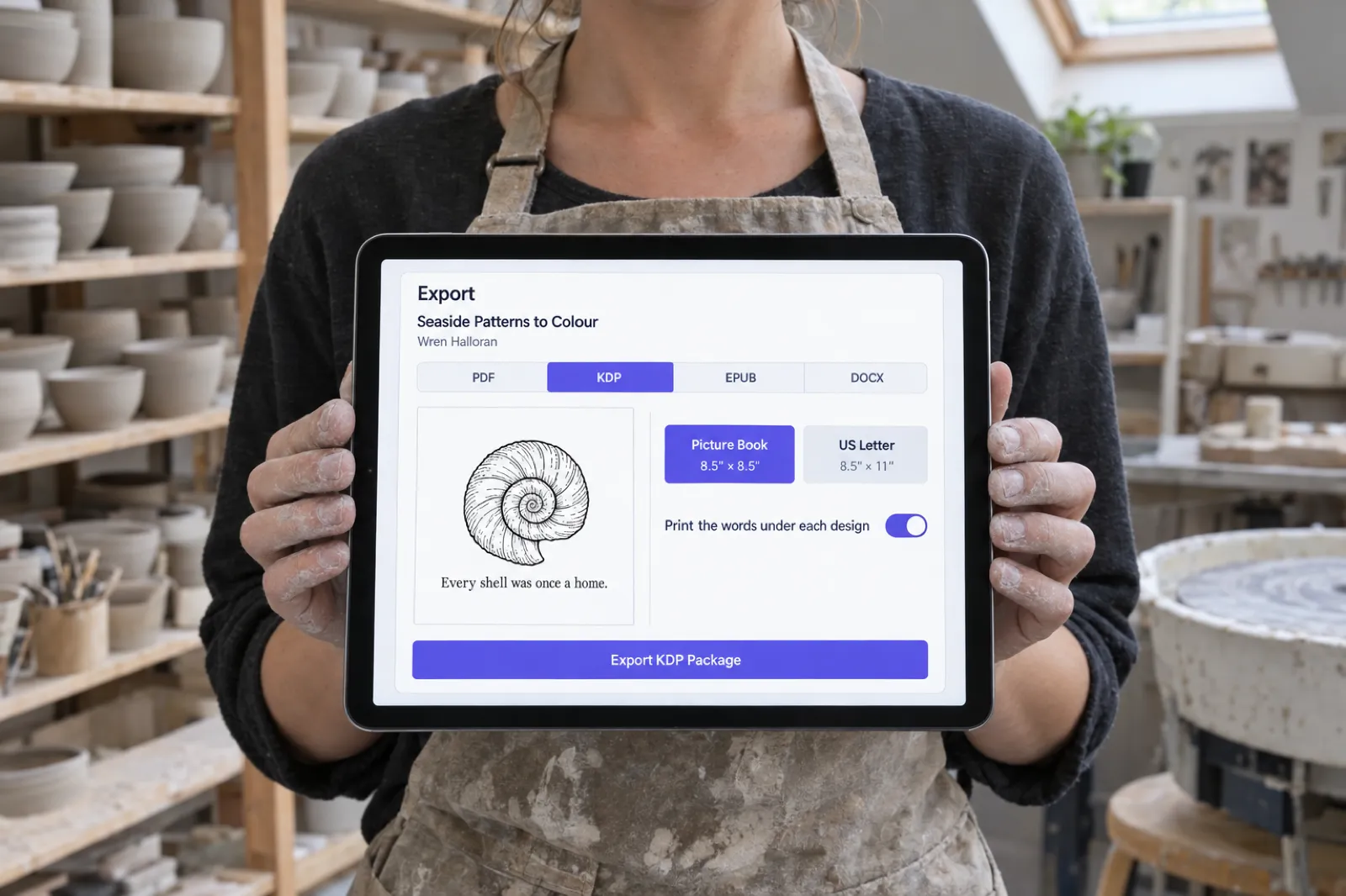 In a pottery studio, a potter with clay-dusted hands holds a tablet showing the Inkfluence AI Export window for Seaside Patterns to Colour by Wren Halloran, with the KDP tab selected, the Picture Book 8.5 by 8.5 inch size chosen and the Print the words under each design switch turned on