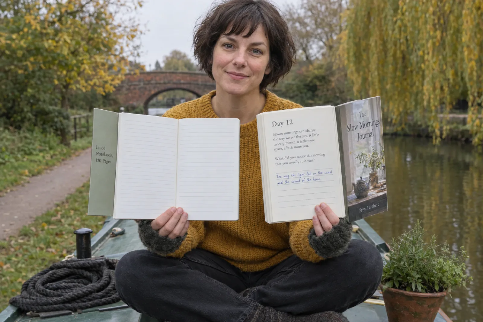 On the roof of a moored canal narrowboat, a woman holds two open paperbacks side by side: a plain lined notebook with only ruled lines, and The Slow Mornings Journal by Priya Lambert open at Day 12, with a short reading, a printed question and a handwritten answer