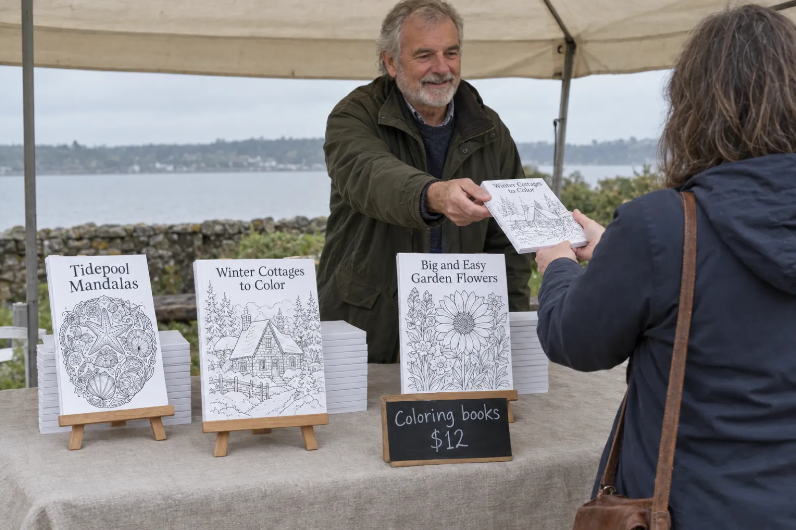 At a weekend market stall a man in his sixties hands a coloring book to a customer; titles on the table include Tidepool Mandalas, Winter Cottages to Color and Big and Easy Garden Flowers, beside a chalkboard sign reading Coloring books $12