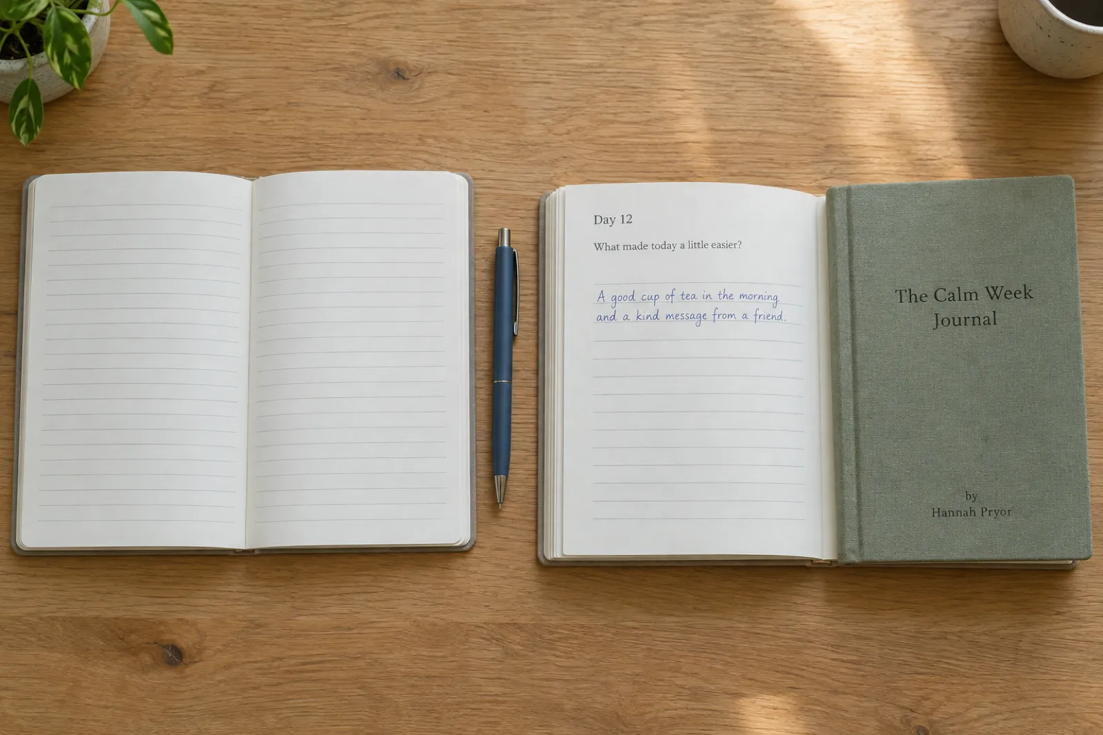 Top-down view of an open plain lined notebook beside an open guided journal whose page reads Day 12, What made today a little easier?, with two handwritten lines, next to a copy titled The Calm Week Journal by Hannah Pryor