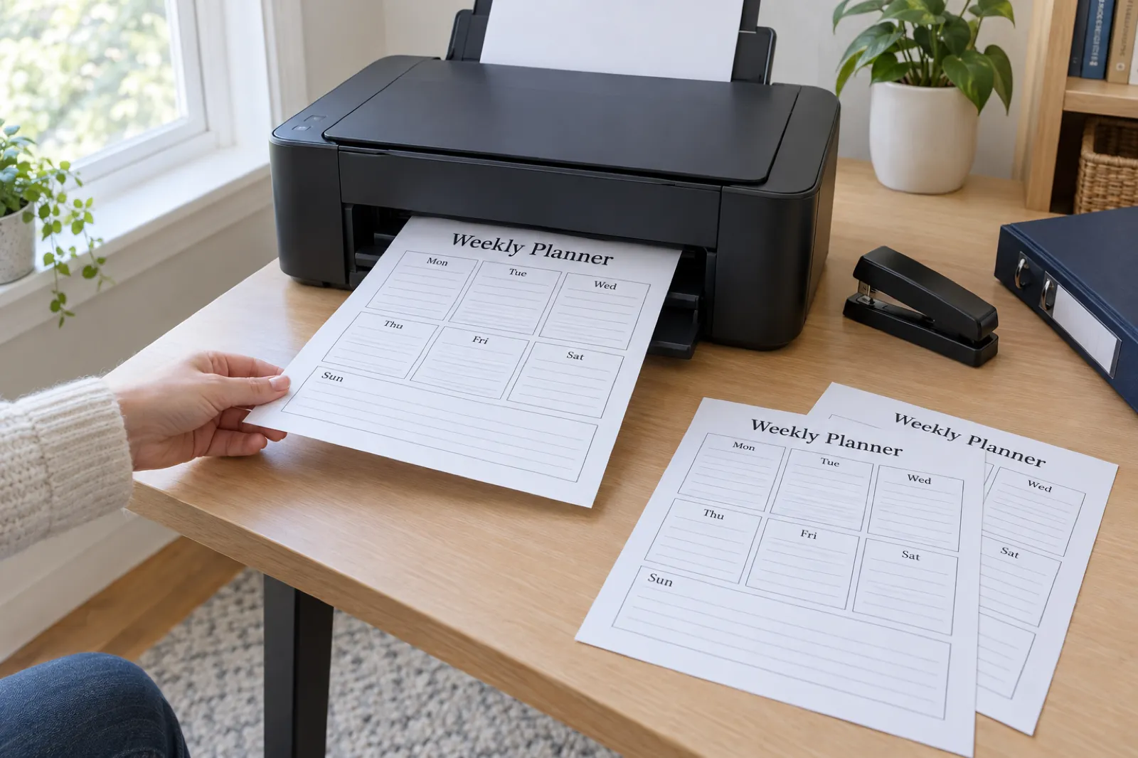A home printer feeds out a black-and-white page headed Weekly Planner with boxes for Mon to Sun, while a hand reaches for it beside two more printed planner pages, a stapler and a ring binder