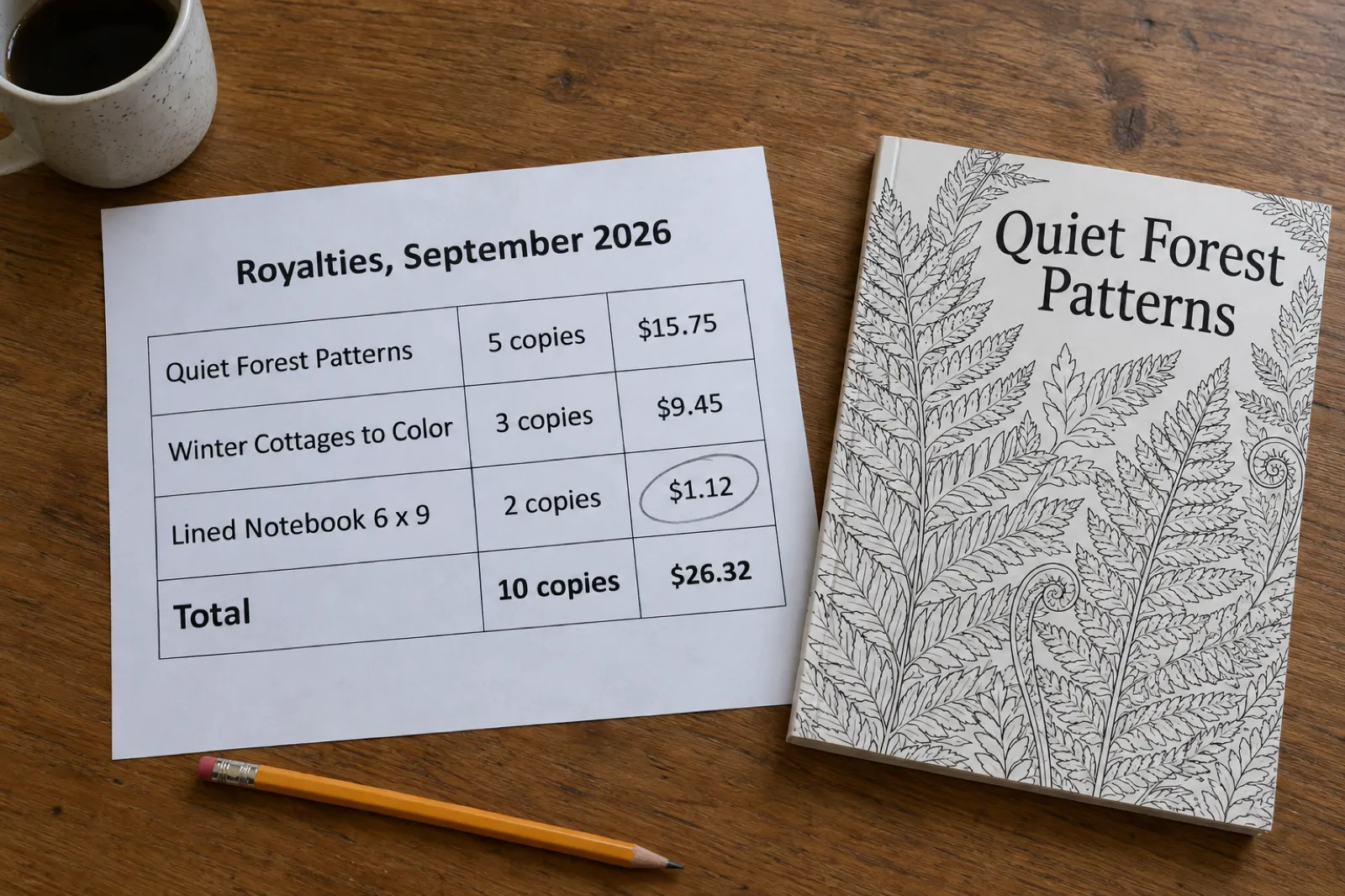 A printed sheet headed Royalties, September 2026 lists Quiet Forest Patterns 5 copies $15.75, Winter Cottages to Color 3 copies $9.45 and Lined Notebook 6 x 9 2 copies $1.12, total 10 copies $26.32, with the $1.12 circled in pencil beside a coloring book