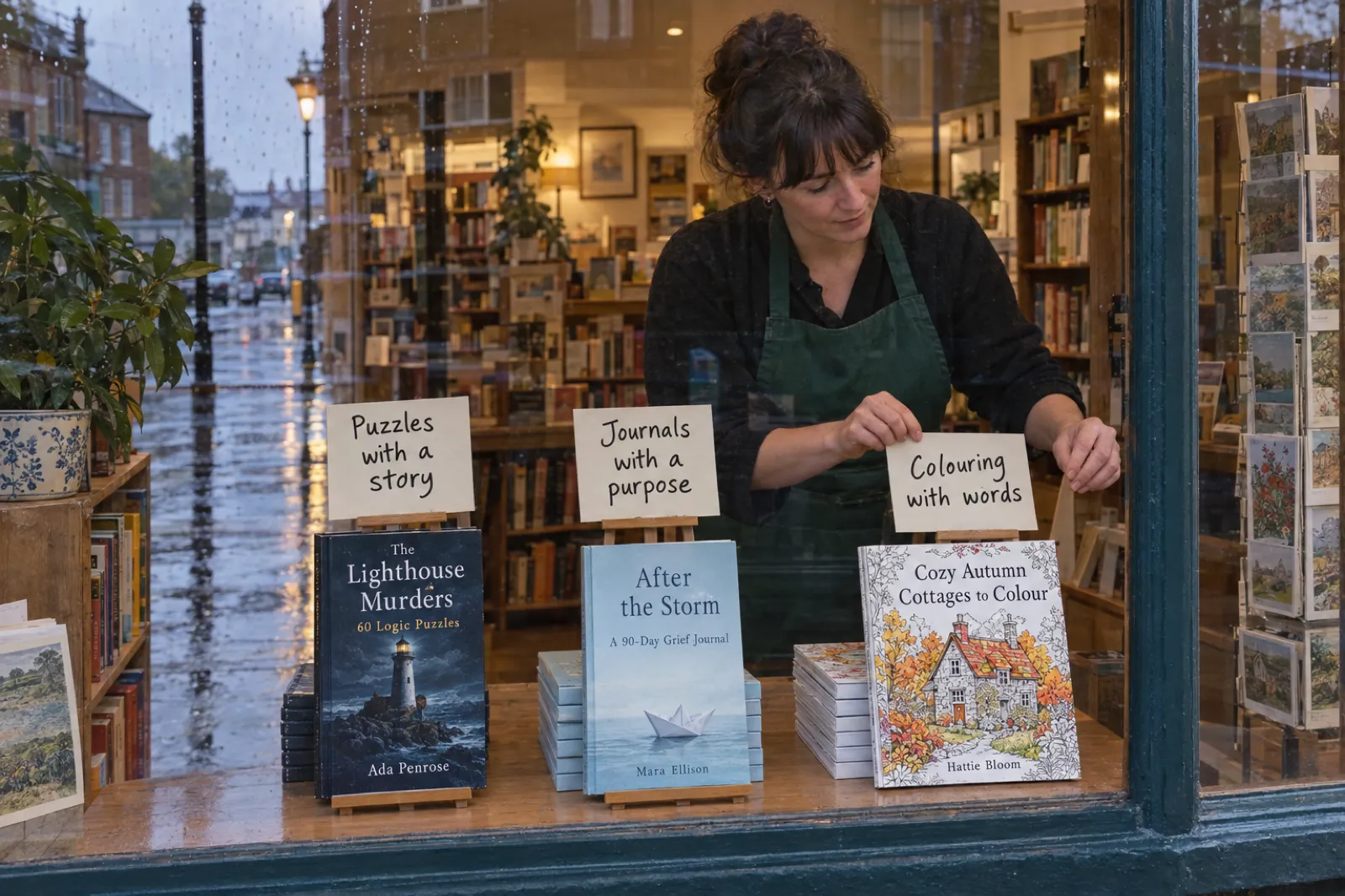 From a rainy street, a shop owner in a green apron arranges a stationery shop window with three handwritten signs, Puzzles with a story, Journals with a purpose and Colouring with words, in front of The Lighthouse Murders by Ada Penrose, After the Storm: A 90-Day Grief Journal by Mara Ellison and Cozy Autumn Cottages to Colour by Hattie Bloom