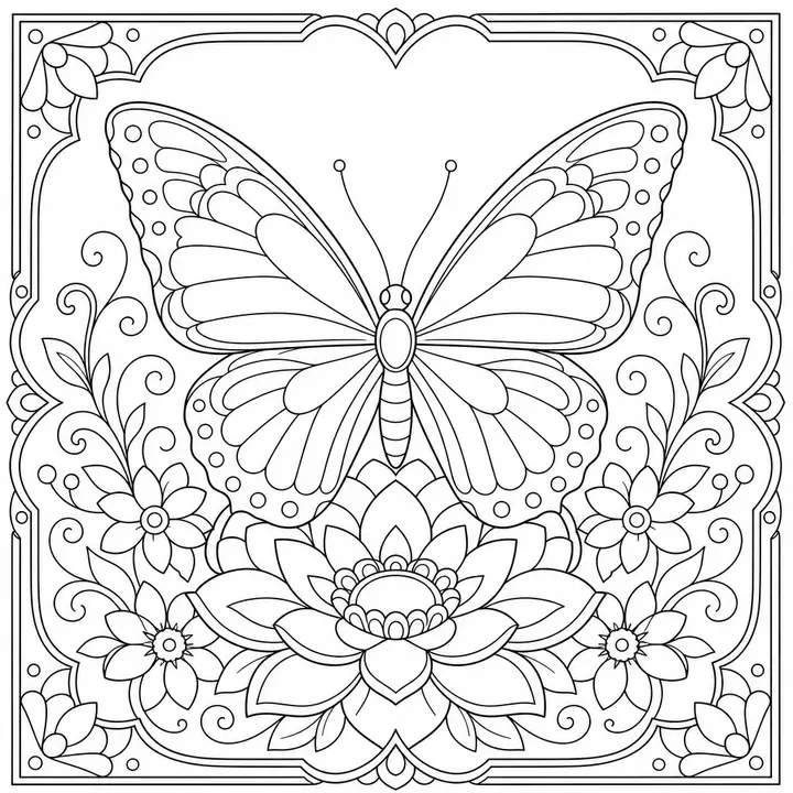 Butterfly Bloom themed mandala coloring page with symmetrical wings and florals