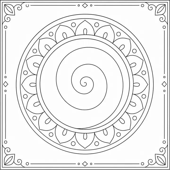 Circle of Calm symmetrical mandala coloring page generated by the mandala coloring book generator