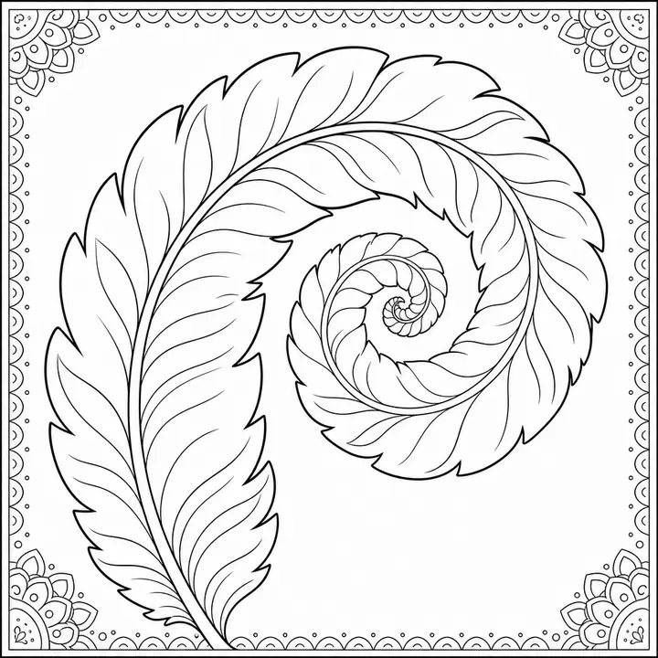 Feather Spiral mandala page mixing organic and geometric pattern rings