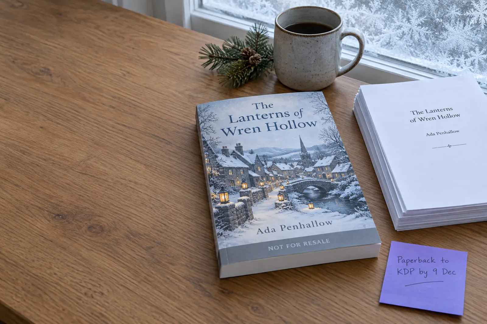 A printed manuscript title page of The Lanterns of Wren Hollow next to a paperback proof of the same novel by Ada Penhallow with a snowy village cover and a NOT FOR RESALE band, and a violet sticky note reading Paperback to KDP by 9 Dec
